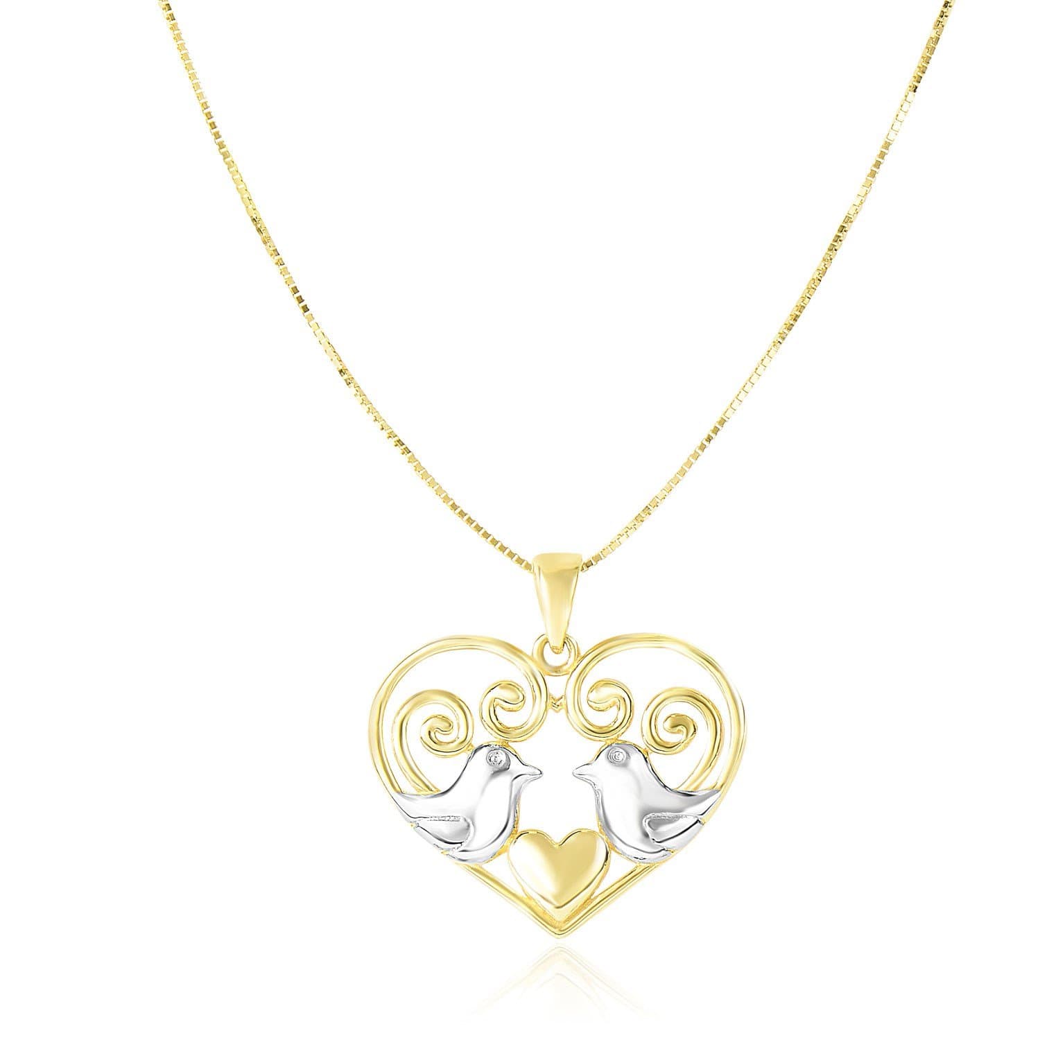 14k Two-Tone Gold Filigree Heart with Doves Pendant