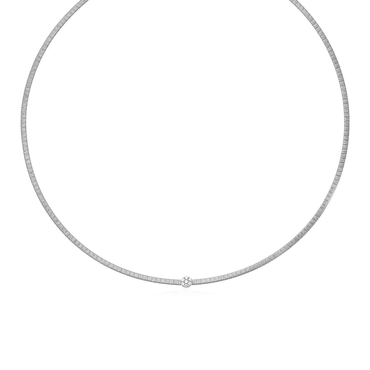 14k White Gold Necklace with Brushed Texture and Diamonds