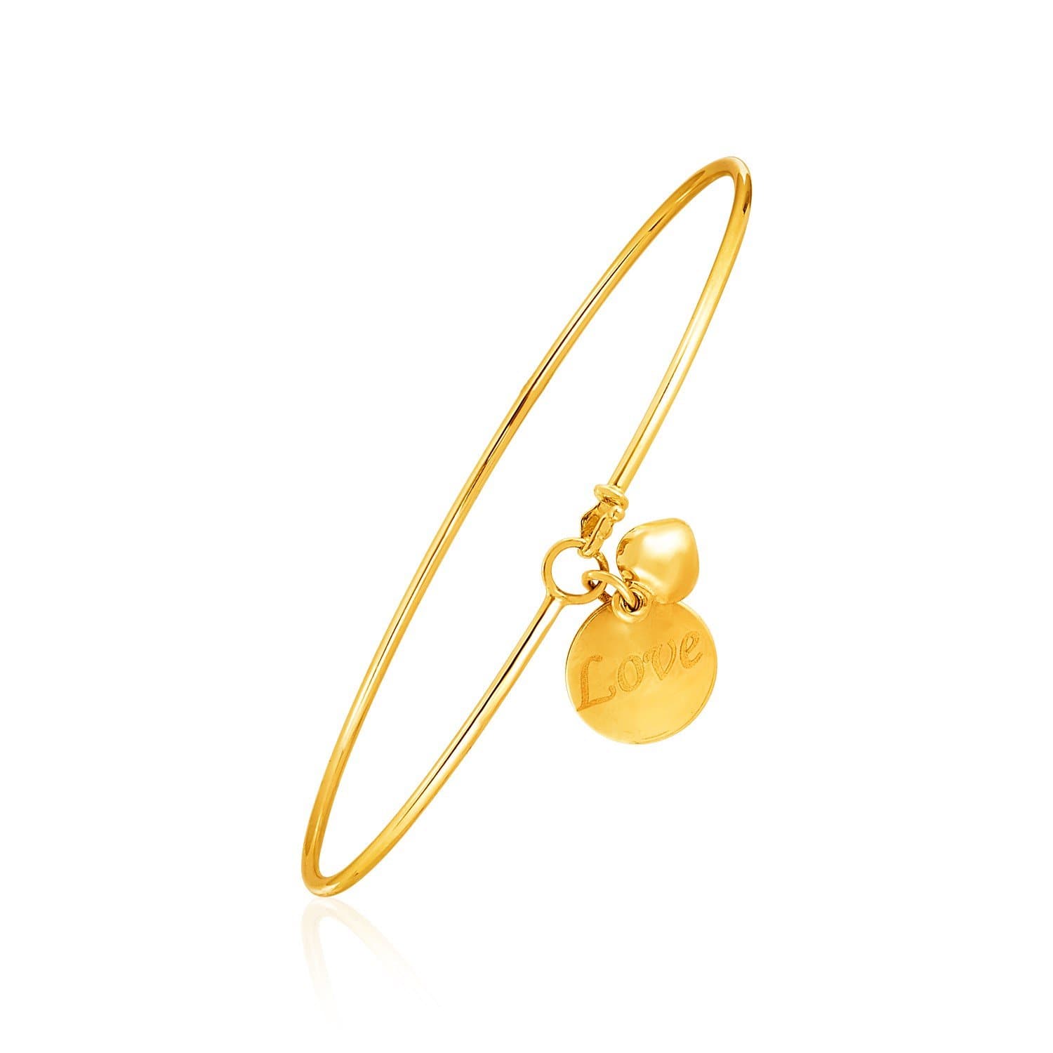 14k Yellow Gold Bangle with Engraved inchesLove inches and Puffed Heart Charms