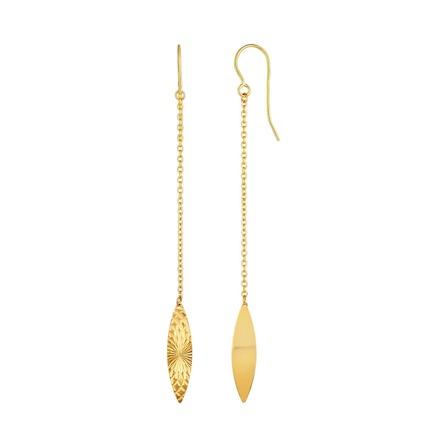 Textured Marquise Shaped Long Drop Earrings in 14k Yellow Gold