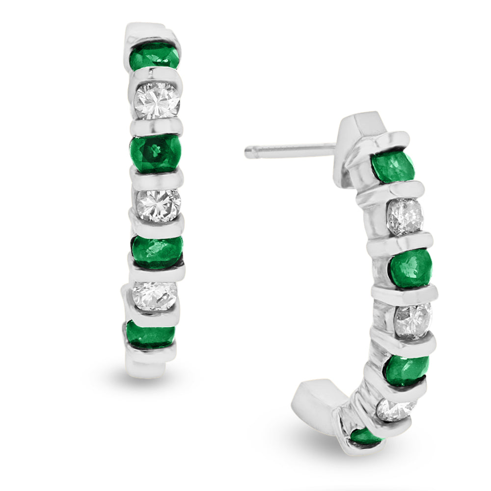 0.35ct Diamond and Emerald J Hoop Earrings in 14k White Gold