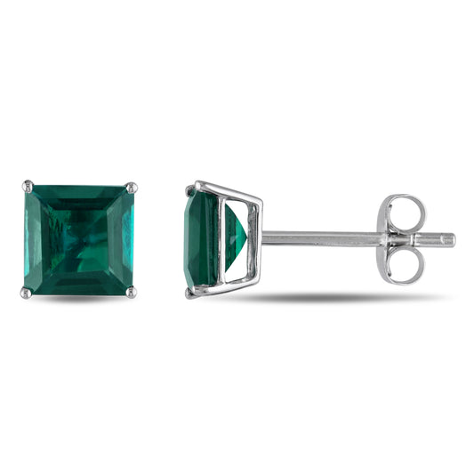 Princess Cut Emerald Studs in 10k White Gold