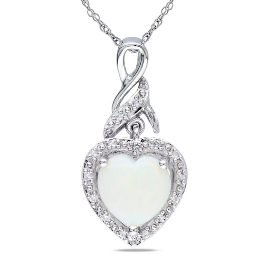 Heart Diamond & Opal Heart Necklace in Sterling Silver