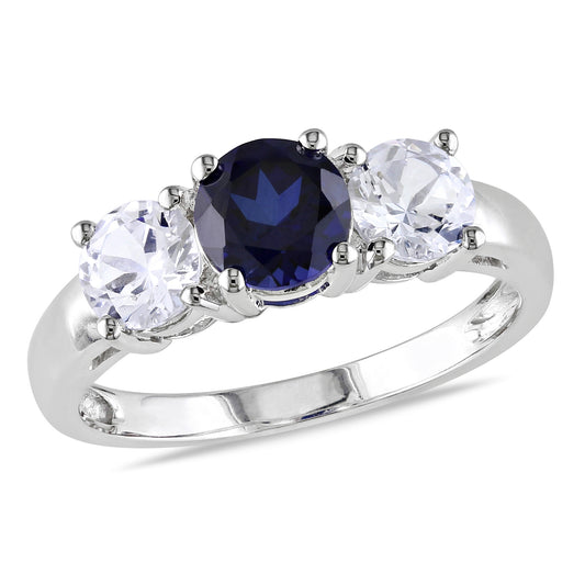 3 Stone White & Blue Sapphire Ring in 10k White Gold