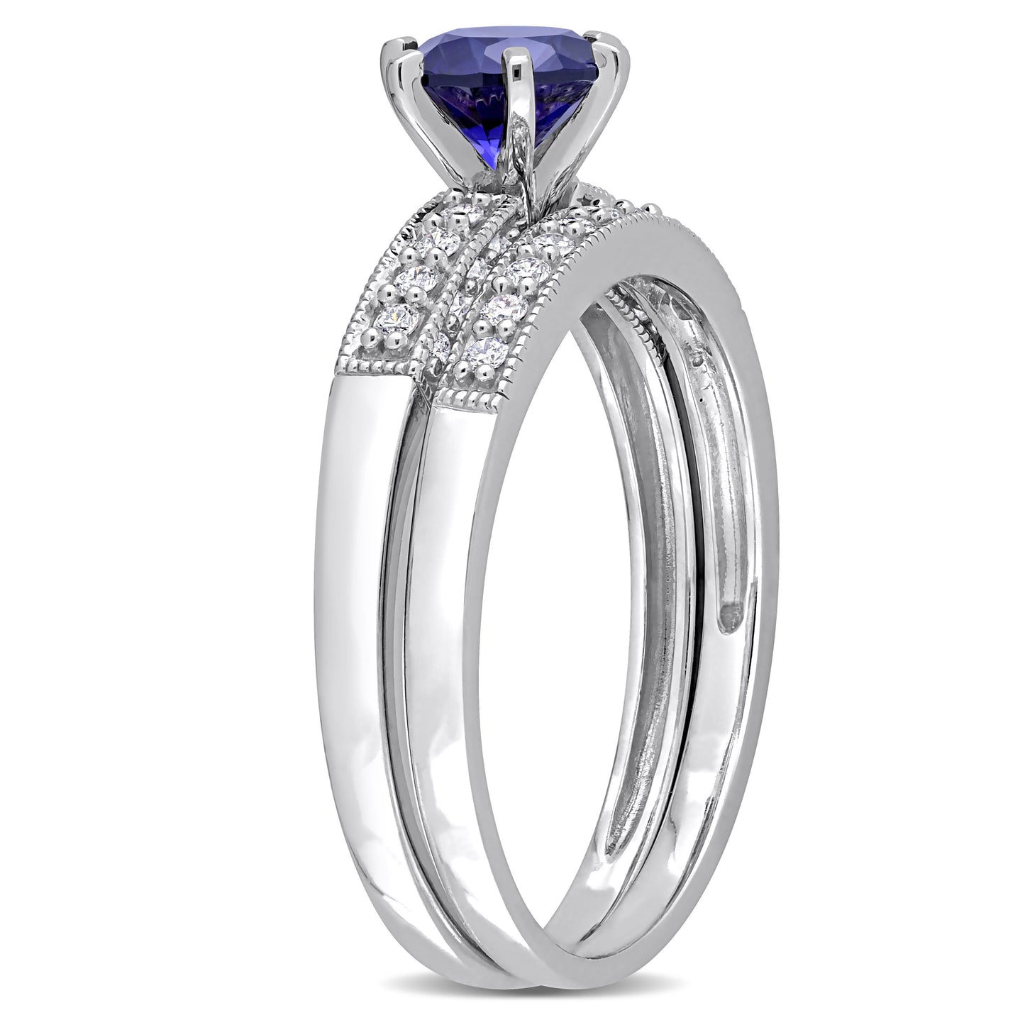 Round Cut 1ct Sapphire & 1/3ct Diamond Bridal Set in 10k White Gold