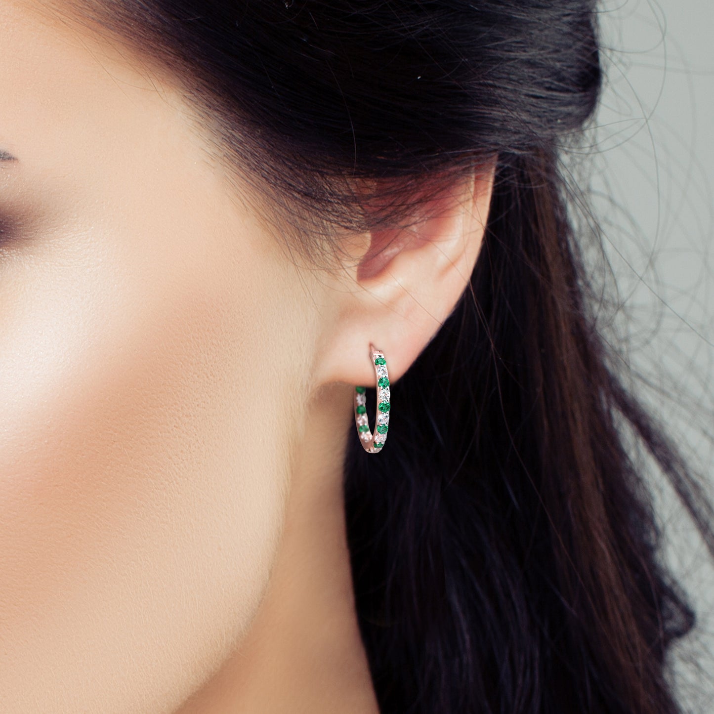 Emerald & White Sapphire Inside Out Hoops in Sterling Silver
