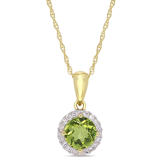 7/8ct Peridot & 1/10ct Diamond Halo Pendant in 10k Yellow Gold