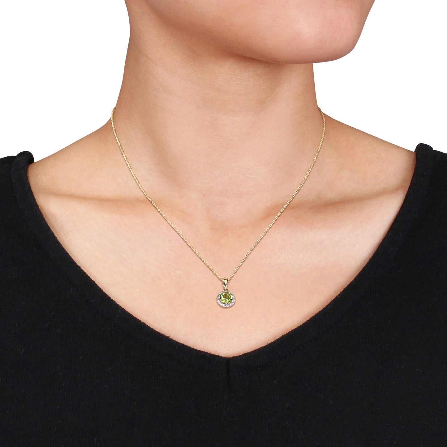 7/8ct Peridot & 1/10ct Diamond Halo Pendant in 10k Yellow Gold