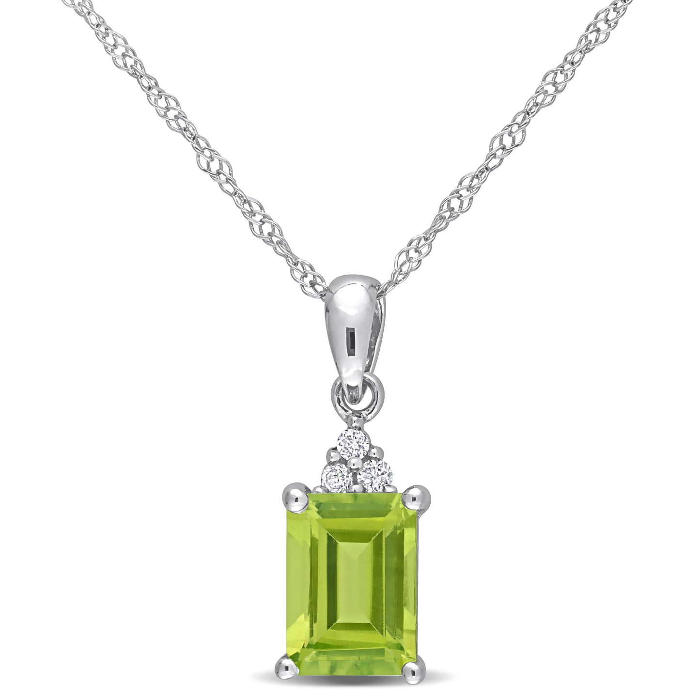 1ct Emerald Cut Peridot & 0.03ct Diamond Pendant in 10k White Gold