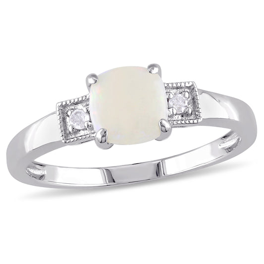 Opal & Diamond Cushion Ring in Sterling Silver
