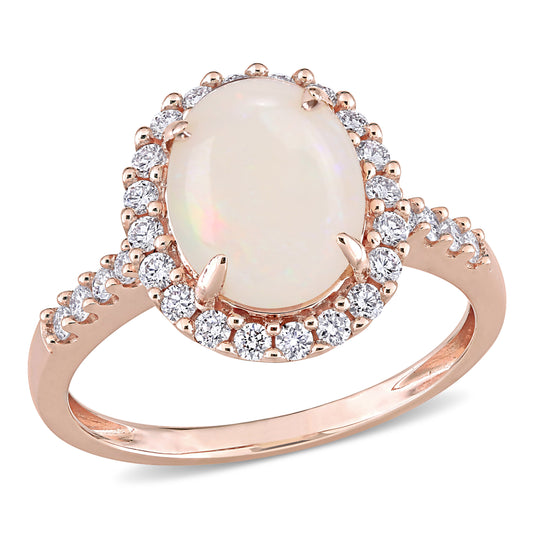 Opal & Diamond Oval Halo Ring in 14k Rose Gold