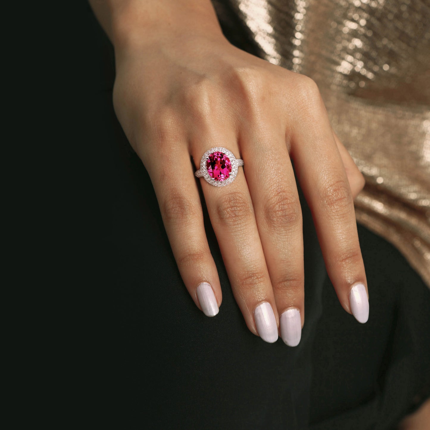 Pink Topaz & White Sapphire Double Halo Ring in Sterling Silver
