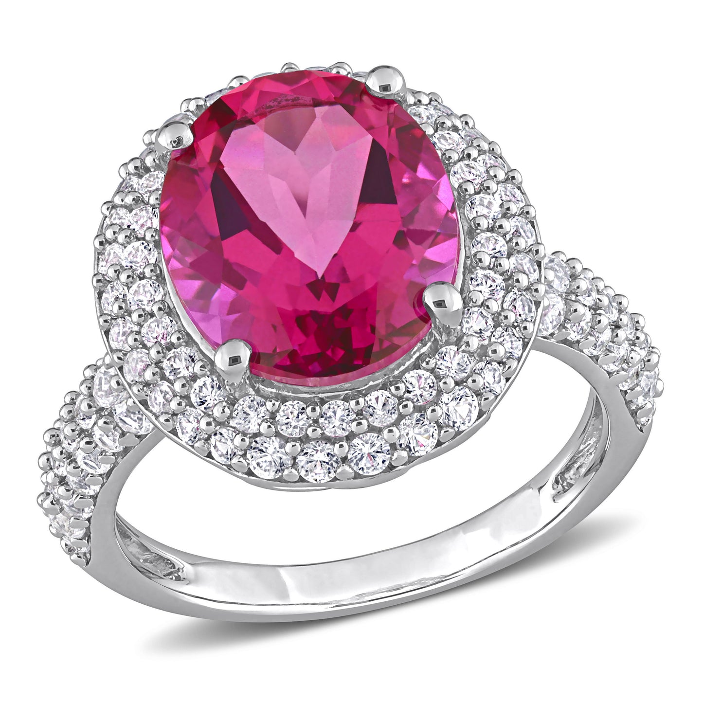 Pink Topaz & White Sapphire Double Halo Ring in Sterling Silver