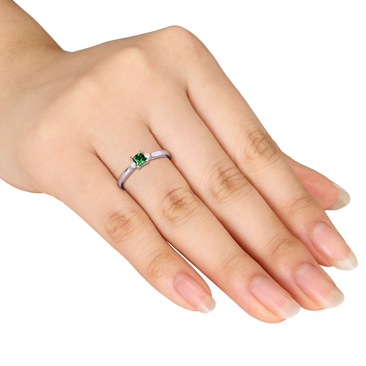 Princess Cut Created Emerald & Diamond Ring in Sterling Silver