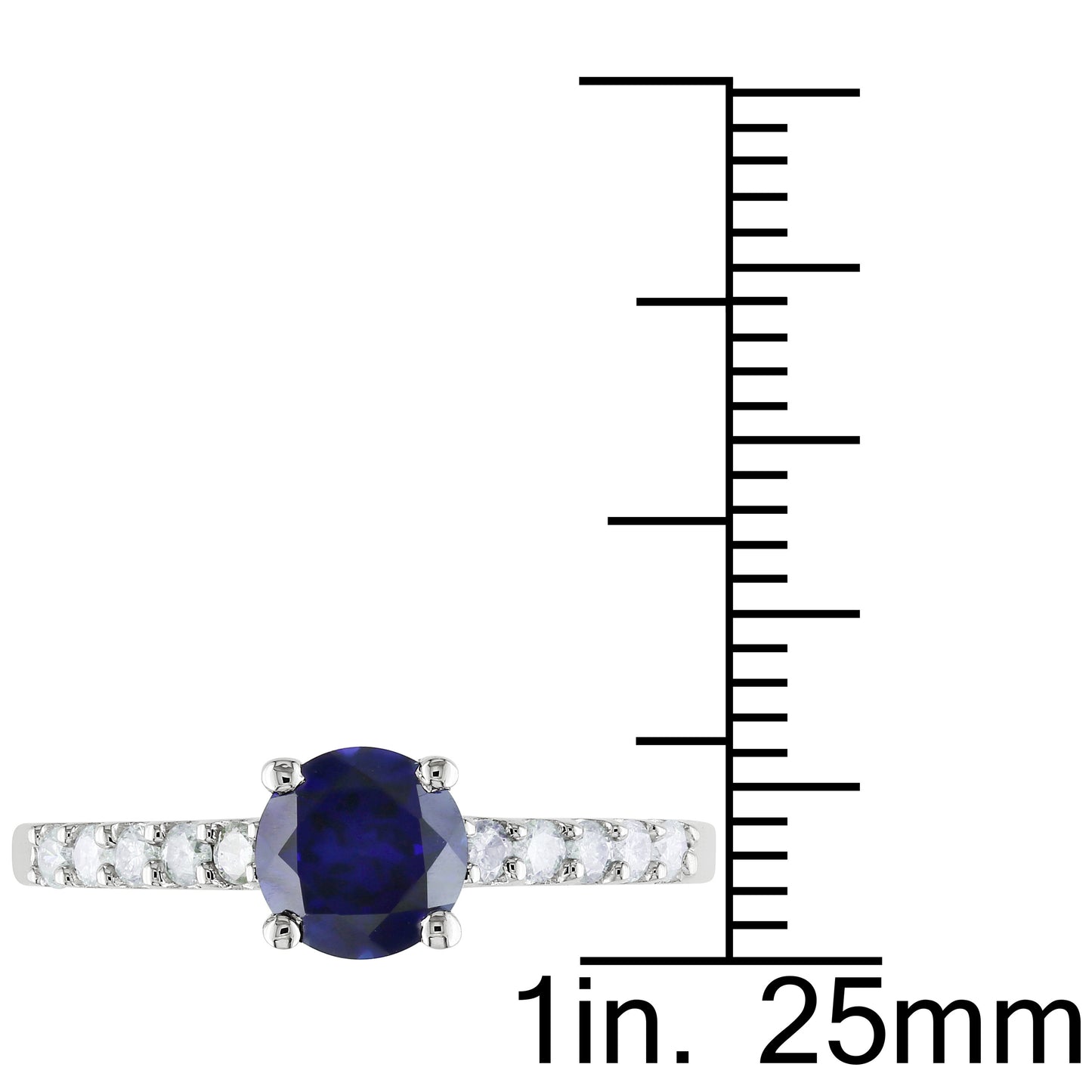 Round Cut 1ct Sapphire & 1/4ct Diamond Ring in 10k White Gold