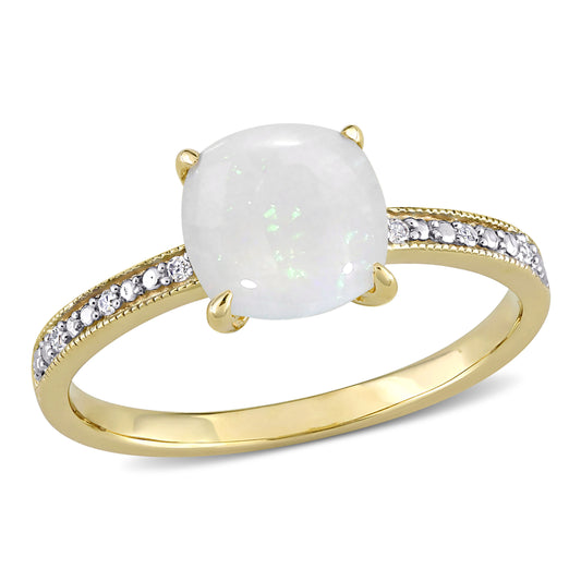 Opal & Diamond Cushion Ring in 10k Yellow Gold