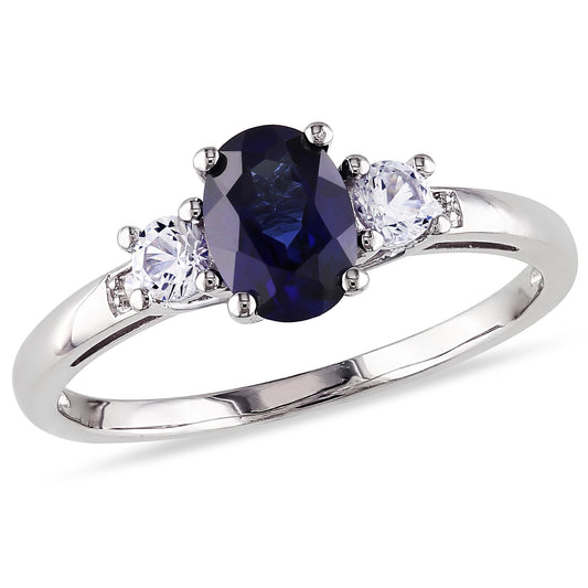 3 Stone White & Blue Sapphire with Diamond Ring in 10k White Gold