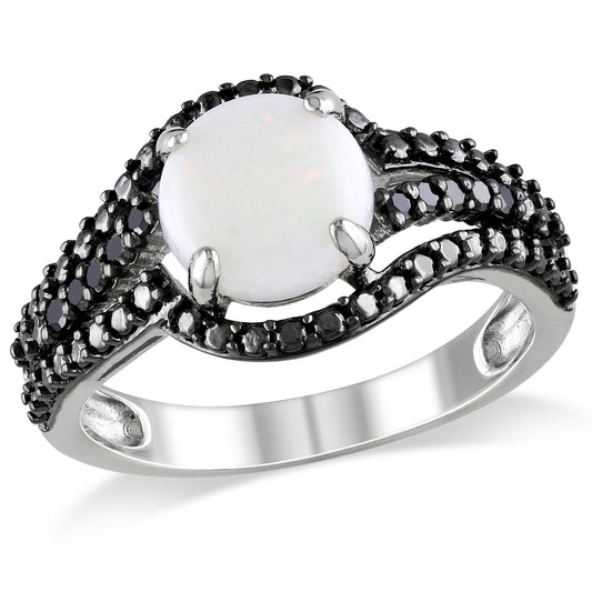 Opal & Black Diamond Ring in Silver Black Rhodium Plated