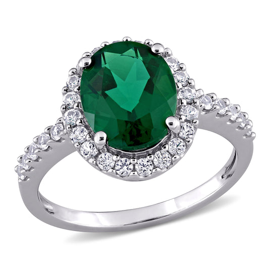 Oval Cut Created Emerald & White Sapphire Ring in 10k White Gold