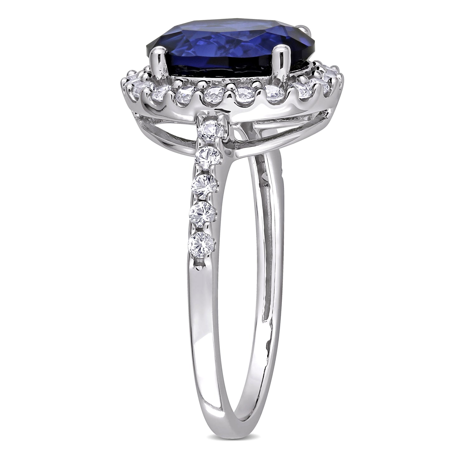 Oval Cut Blue & White Sapphire Halo Ring in 10k White Gold