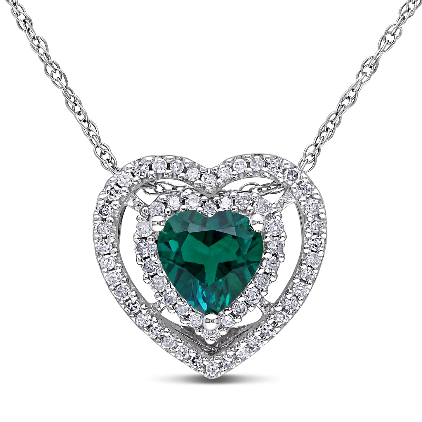 Created Emerald & Diamond Heart Pendant in 10k White Gold
