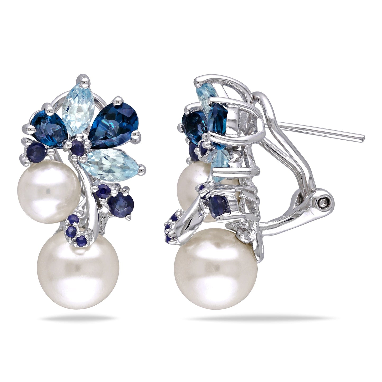 Topaz, Sapphire, & White Freshwater Cultured Pearl Earrings