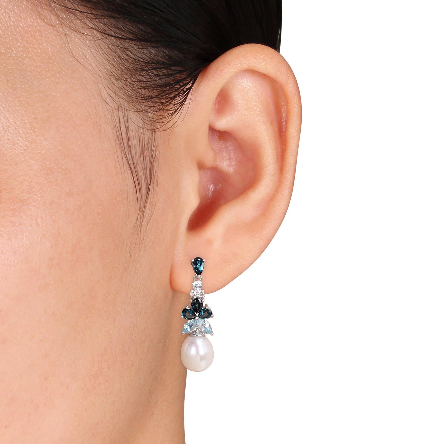 2 1/2ct London Blue, White & Sky Blue Topaz & Freshwater Cultured Pearl Earrings