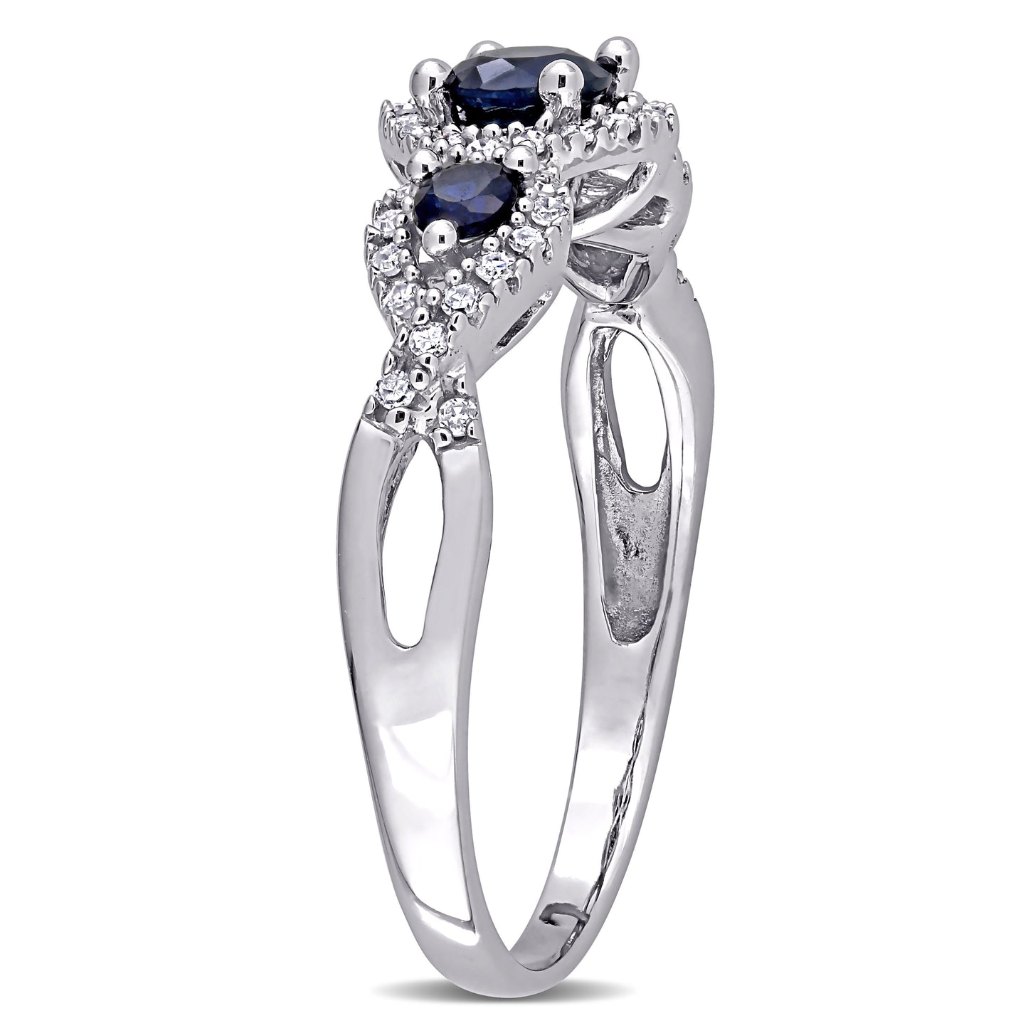 3 Stone Sapphire & Diamond Halo Ring in 10k White Gold
