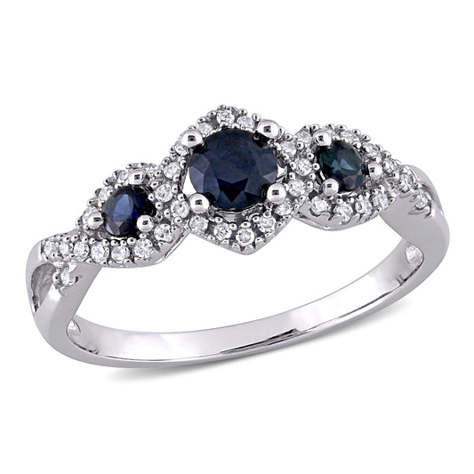 3 Stone Sapphire & Diamond Halo Ring in 10k White Gold