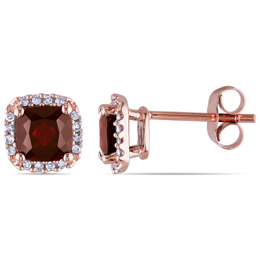 Cushion Cut Garnet & Diamond Halo Studs in 10k Rose Gold