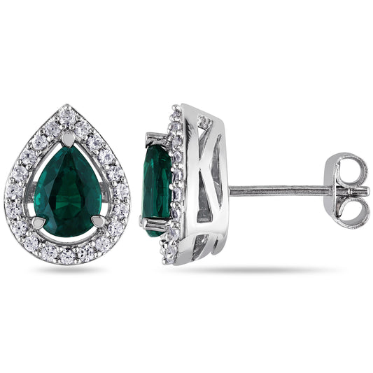 Emerald & White Sapphire Teardrop Earrings in Sterling Silver