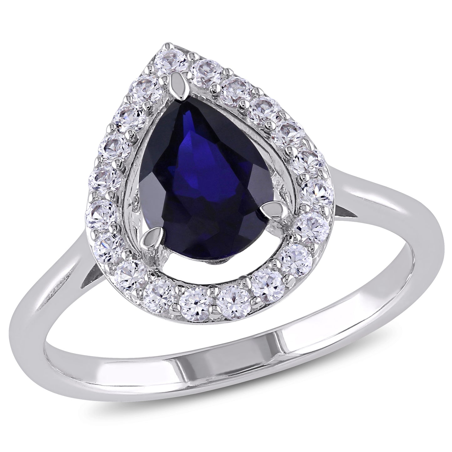 2 1/5ct Blue and White Sapphire Pear Halo Ring in Sterling Silver