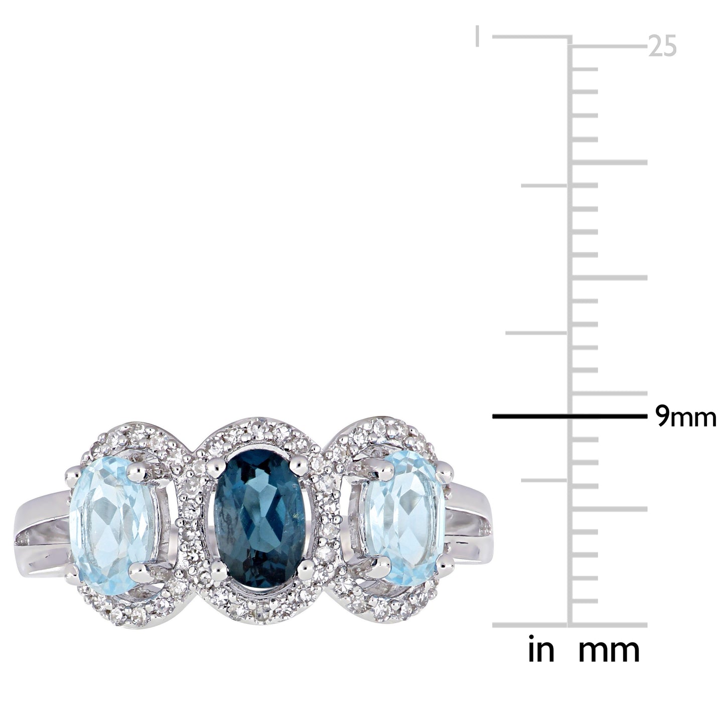 3-Stone Oval Cut Topaz & Diamond Halo Ring in Sterling Silver