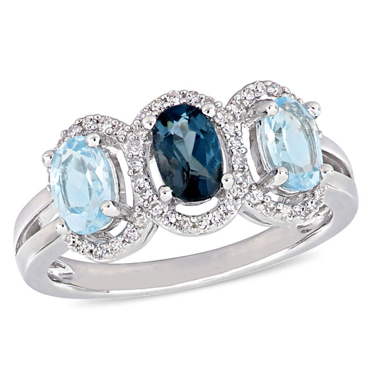 3-Stone Oval Cut Topaz & Diamond Halo Ring in Sterling Silver