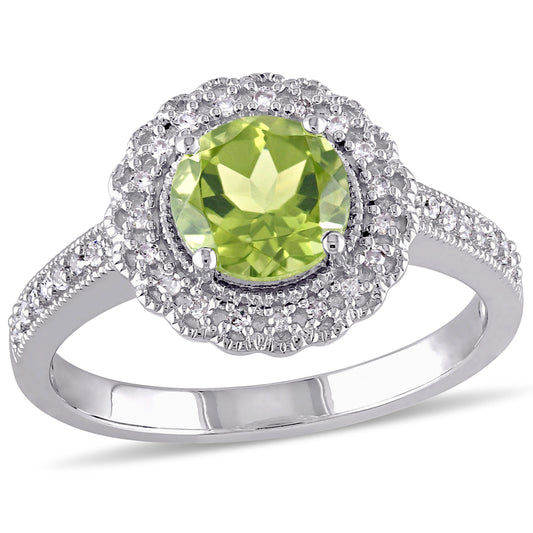 1 1/2ct Peridot & 1/8ct Diamond Halo Ring in Sterling Silver