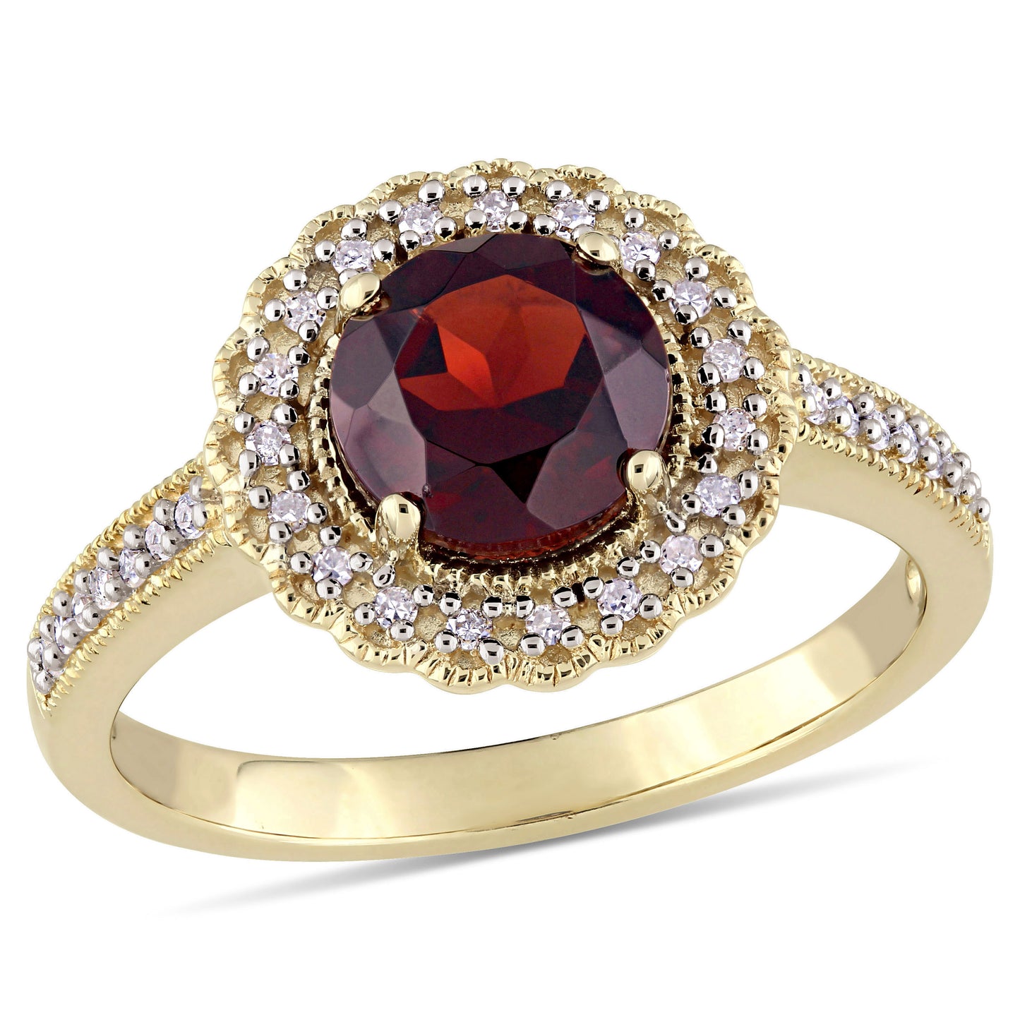 Garnet & Diamond Round Cut Halo Ring in Yellow Plated Silver
