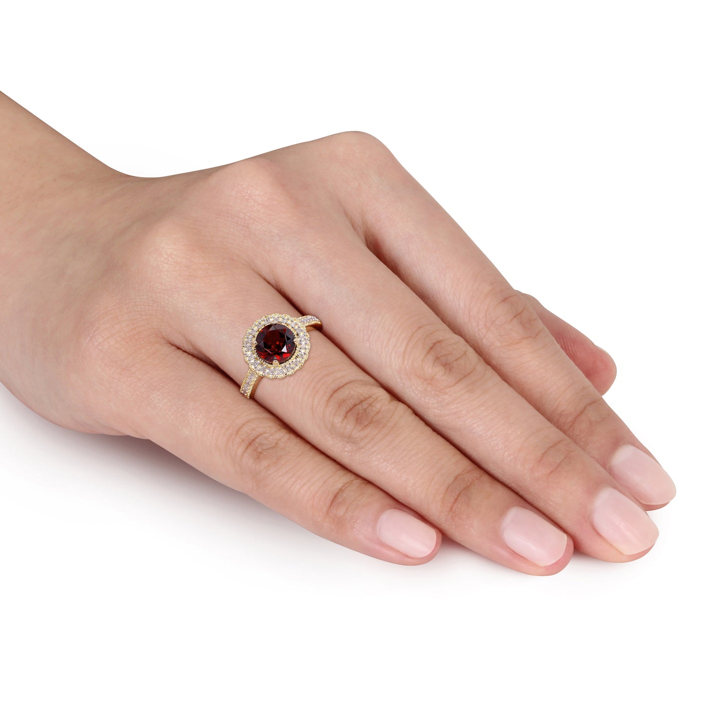 Garnet & Diamond Round Cut Halo Ring in Yellow Plated Silver