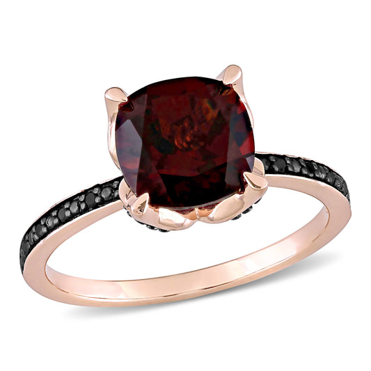 Garnet & Black Diamond Ring in 10k Rose Gold Black Rhodium Plated
