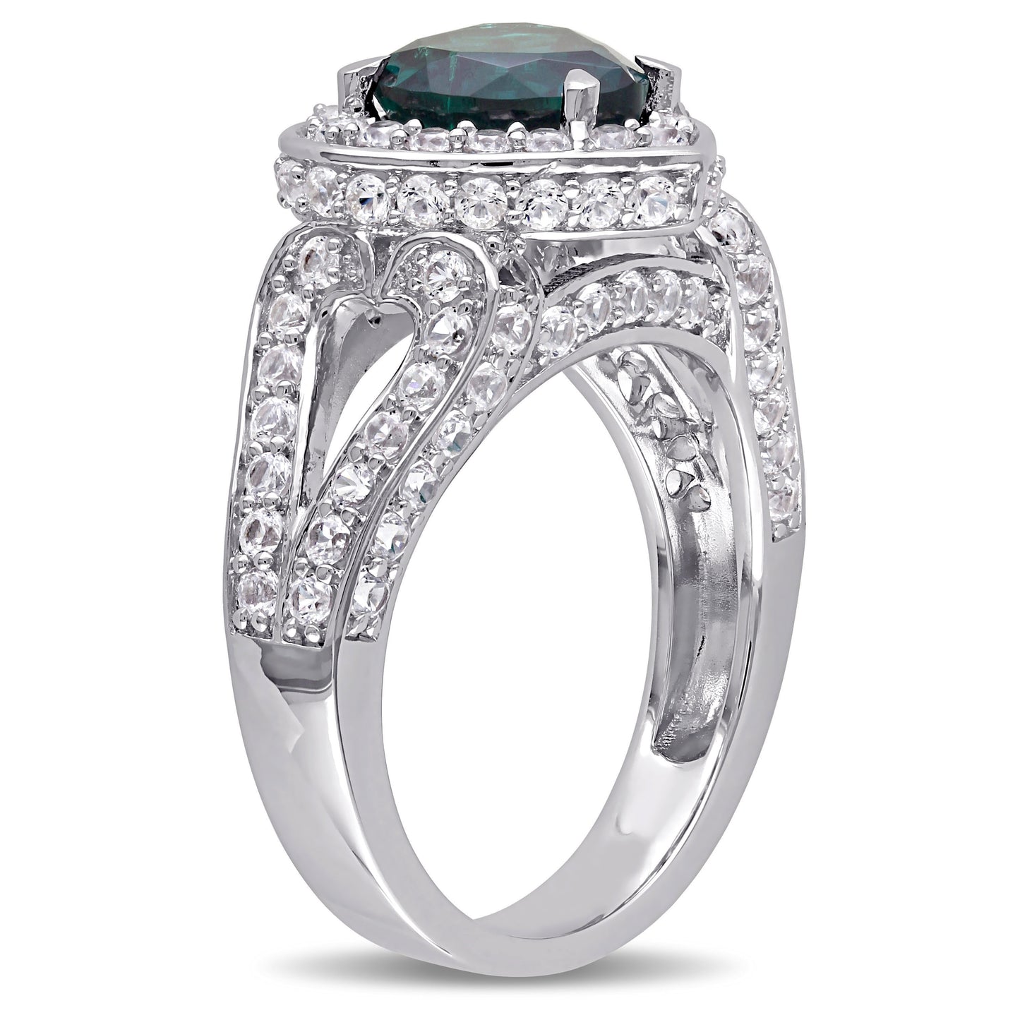 Created Emerald & White Sapphire Heart Ring in Sterling Silver