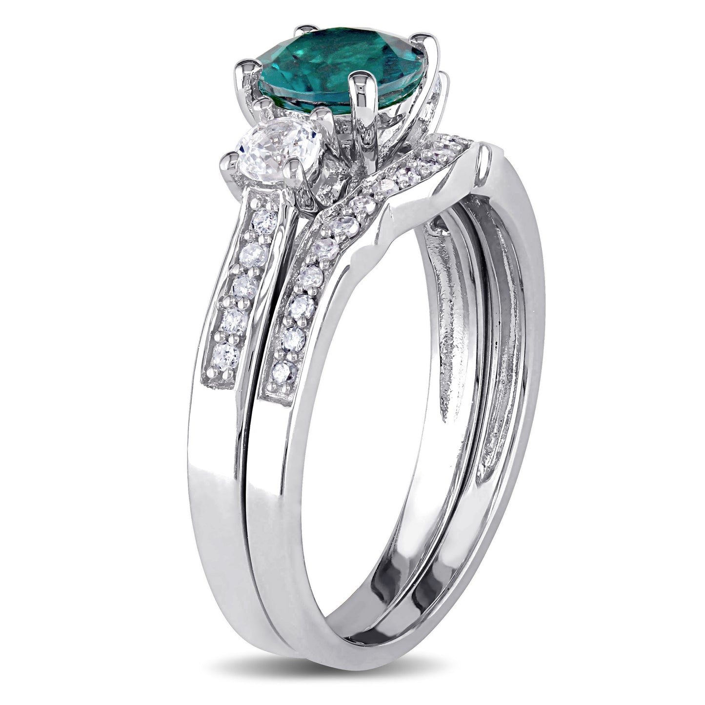 Created Emerald & White Sapphire & Diamond Wedding Set Ring in 10k White