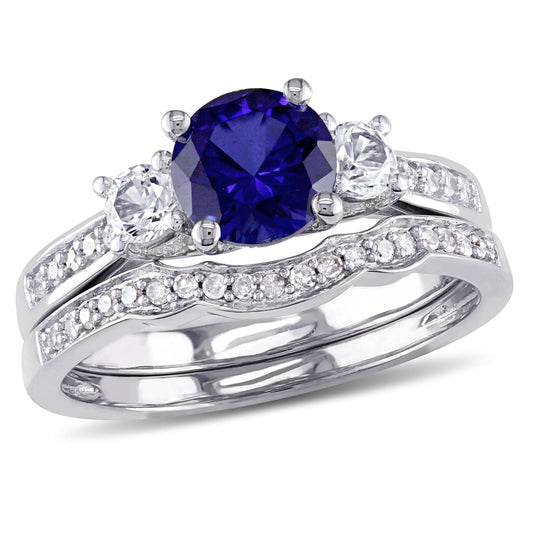 Blue & White Sapphire Wedding Set with Diamond Accents