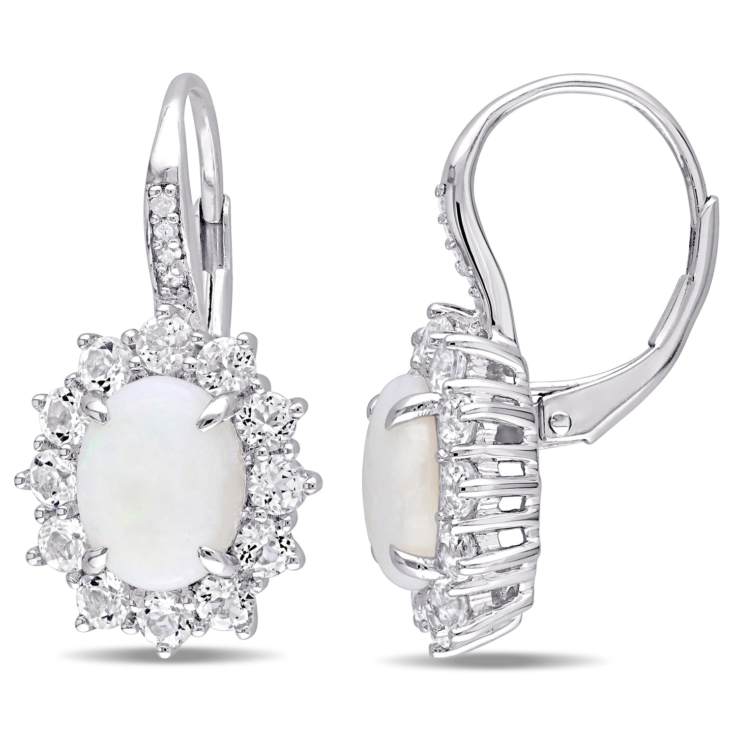 Opal White Topaz & Diamond LeverBack Earrings in Stirling Silver