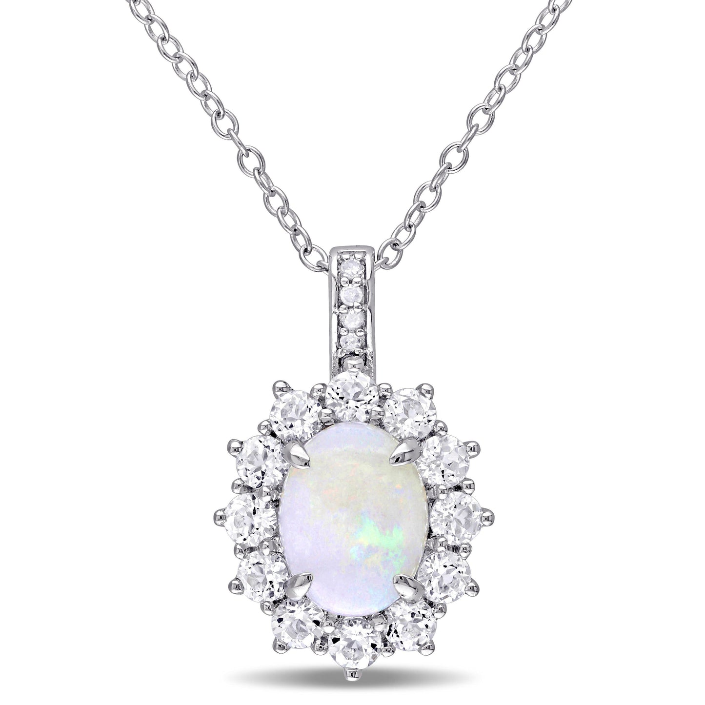 Opal, White Topaz, & Diamond Halo Necklace