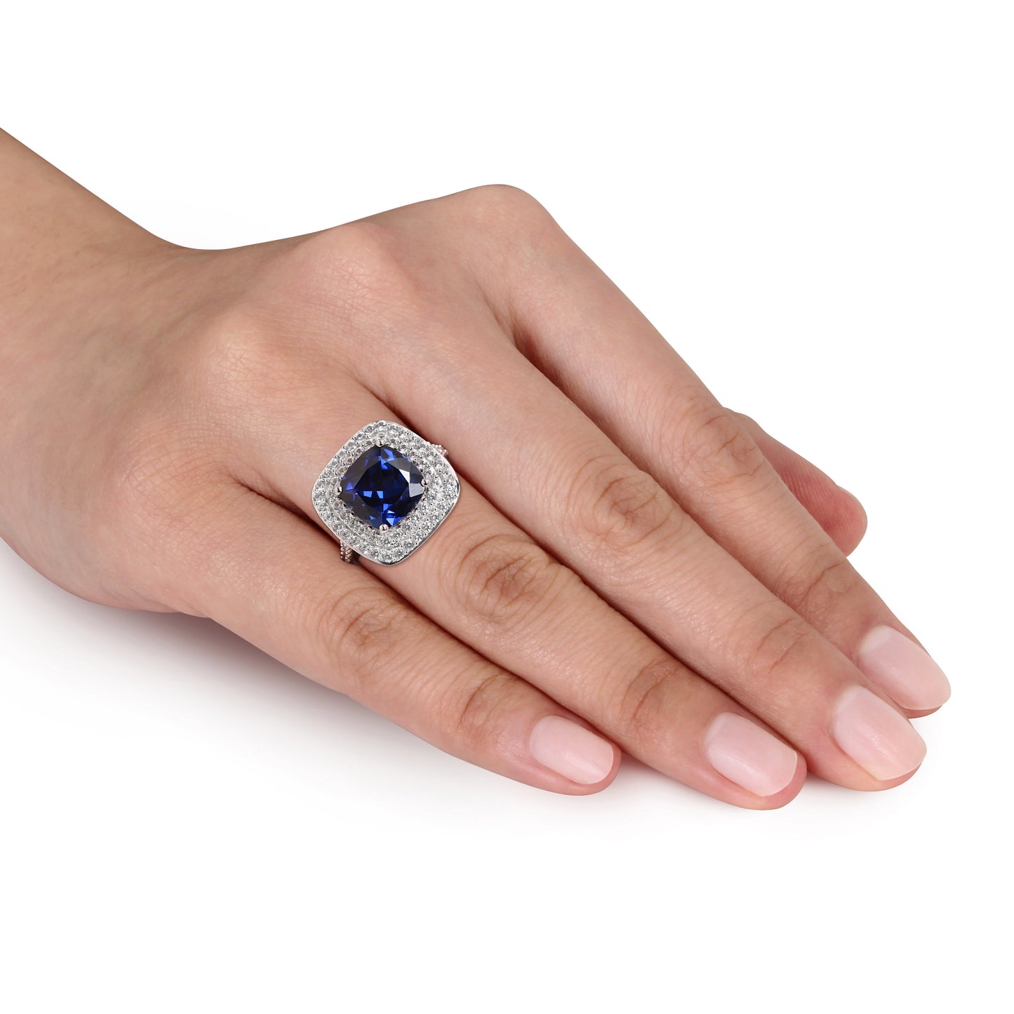 Cushion Cut Blue & White Sapphire Double Halo Ring in Sterling Silver