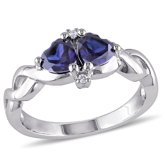 Double Heart Sapphire & Diamond Ring in Sterling Silver