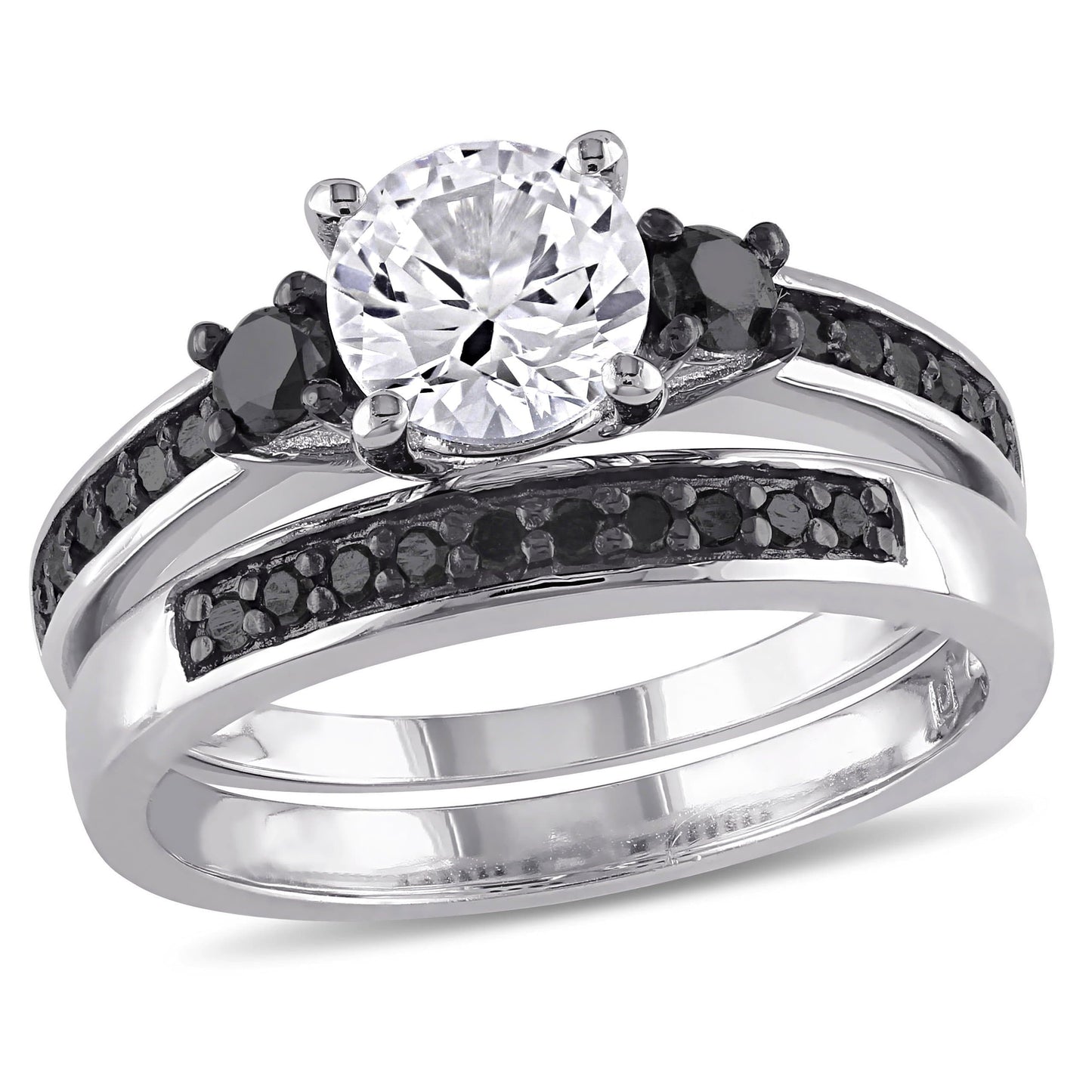 Black Diamond & White Sapphire Ring Set in Sterling Silver