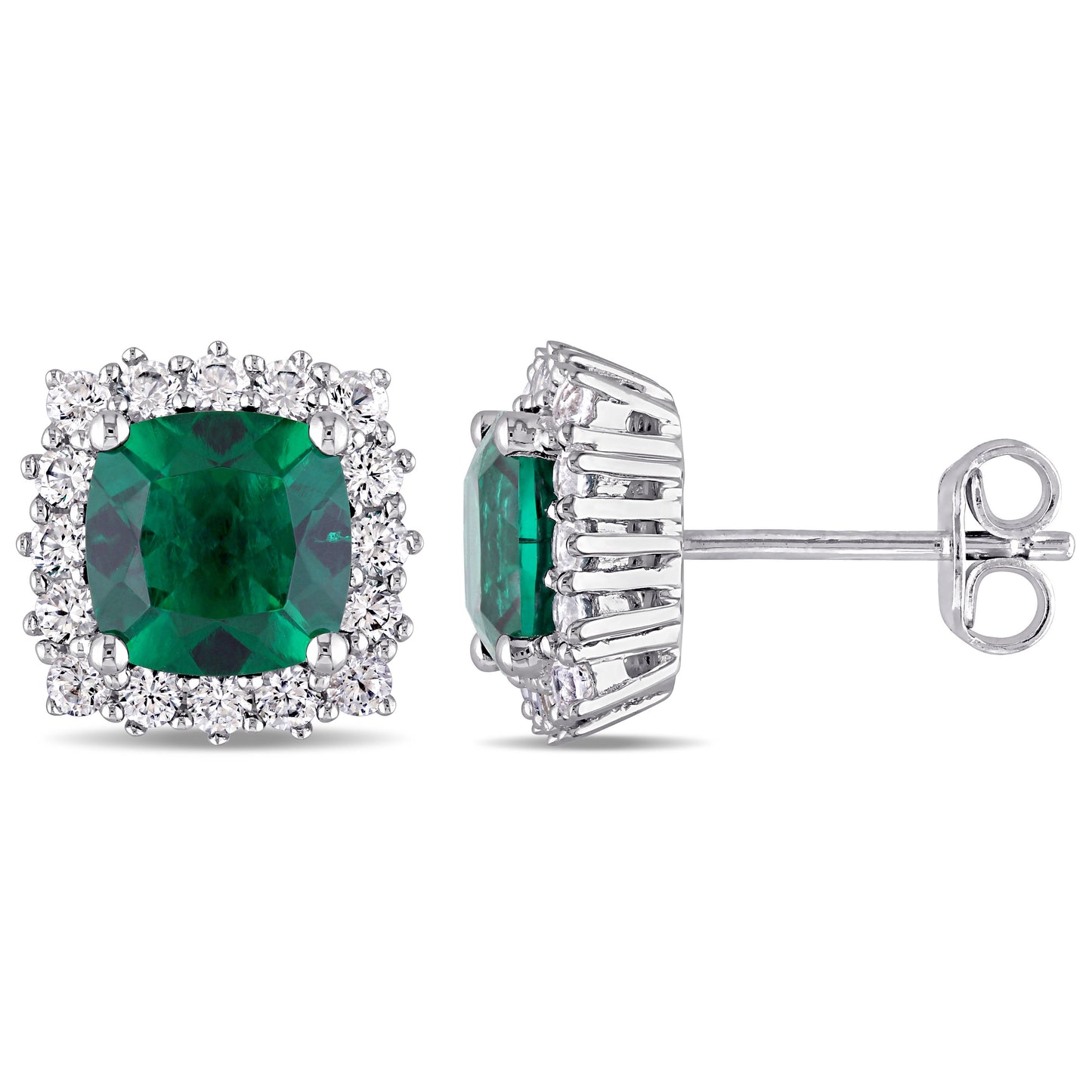 Cushion Cut Created Emerald & White Sapphire Earrings in Sterling Silver
