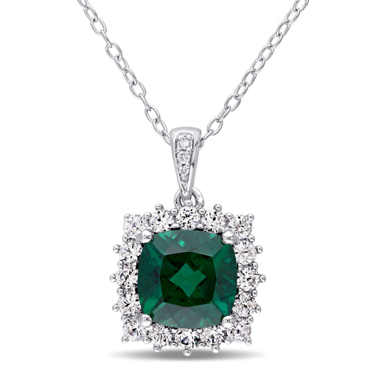Sophia B Emerald, White Sapphire & Diamond Halo Necklace