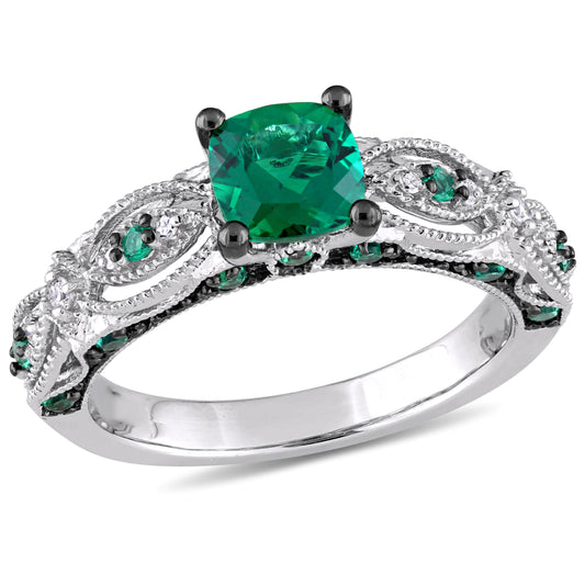Cushion Cut Created Emerald & Diamond Ring in 10k White Gold