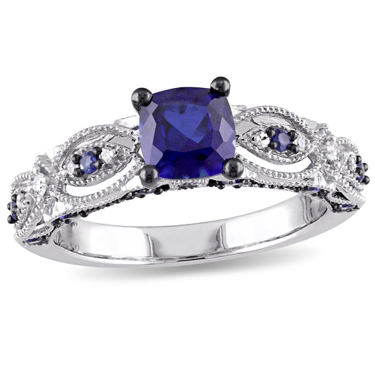 Cushion Cut Sapphire & Diamond Vintage Engagement Ring in 10k White Gold